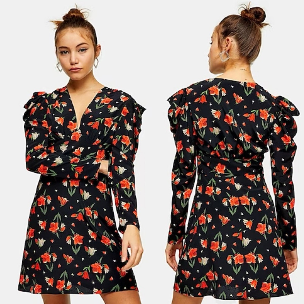 Topshop Black long sleeve Dress with Red Floral Pattern sz‎ 6